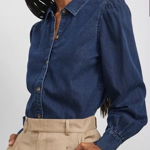 Rails Angelica Top Dark Vintage Dark Denim Puff Sleeve Button Down Blouse XL